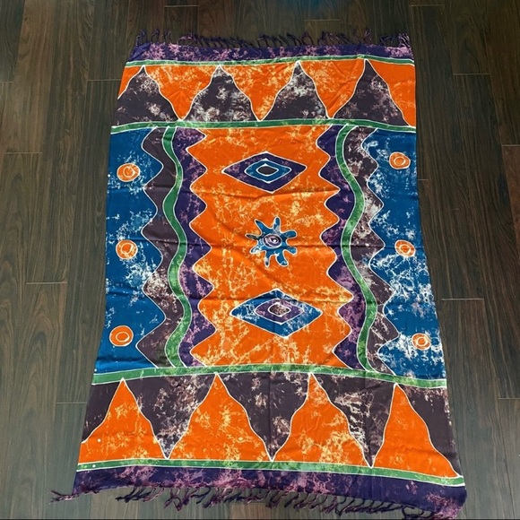 Vintage Indonesian Orange Navy Purple Green Hand Dyed Batik Sarong Pareo Coverup - Picture 2 of 10